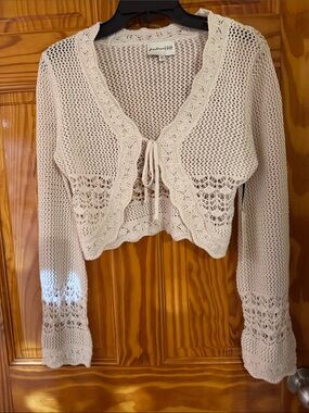 Pendleton Open-Knit Tie-Front Cropped Cardigan in Cream